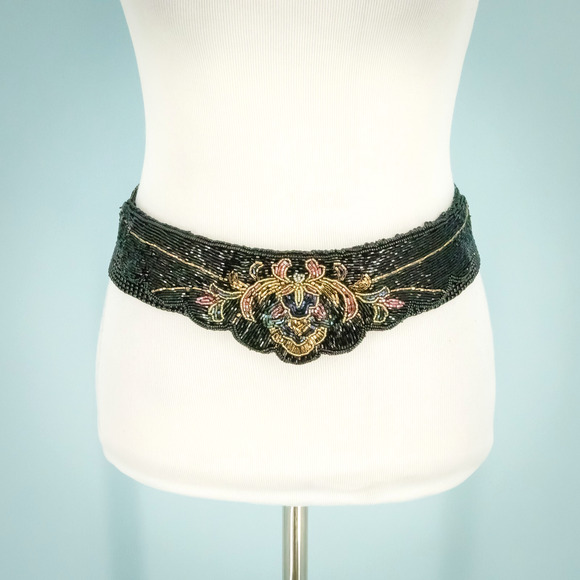 Black Floral Beaded Wide Statement Stretch Elastic Waist Belt XS Small S